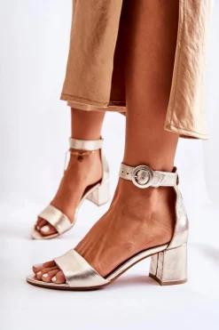 Best Skórzane Sandały Na Obcasie 04141-42 Złote Damskie Sandały Na Obcasie