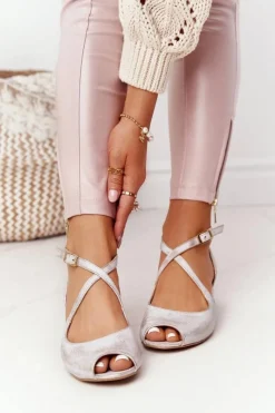 Sandały Na Obcasie|Sandały Płaskie></noscript>Maciejka Skórzane Sandały Na Obcasie 04509-45 Beżowo-Złote