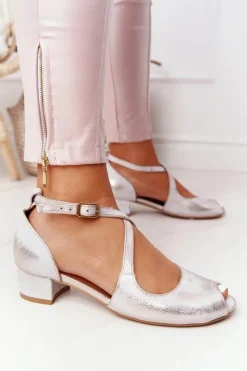 Sandały Na Obcasie|Sandały Płaskie></noscript>Maciejka Skórzane Sandały Na Obcasie 04509-45 Beżowo-Złote