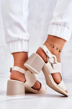 Skórzane Sandały Na Obcasie La.Fi Beżowe Leratto Damskie Sandały Na Obcasie