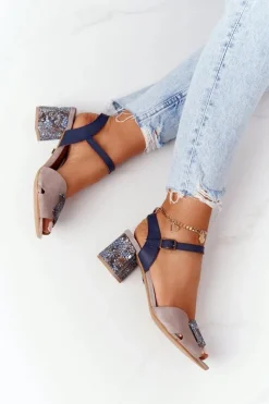 Sandały Na Obcasie>Maciejka Skórzane Sandały Na Obcasie 04120-43 Beżowo-Granatowe