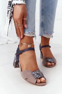 Sandały Na Obcasie>Maciejka Skórzane Sandały Na Obcasie 04120-43 Beżowo-Granatowe