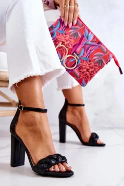 Skórzane Sandały Na Obcasie Czarne Henriett Damskie Sandały Na Obcasie