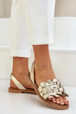 Sandały Płaskie>Zazoo Skórzane Sandały Na Płaskim Obcasie 40425 Złote Złoty