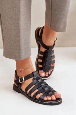 Boto Skórzane Sandały Na Płaskim Obcasie Zazoo 3686 Czarne Czarny