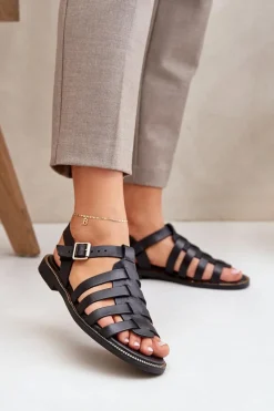 Boto Skórzane Sandały Na Płaskim Obcasie Zazoo 3686 Czarne Czarny