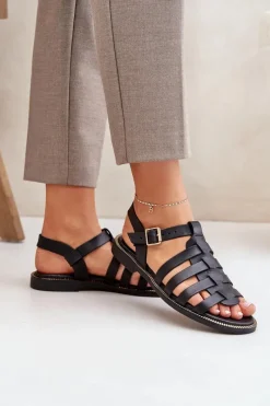 Boto Skórzane Sandały Na Płaskim Obcasie Zazoo 3686 Czarne Czarny