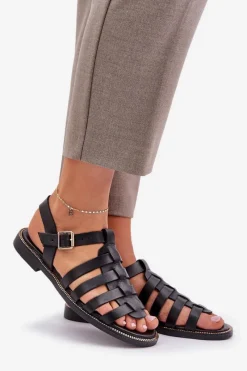 Boto Skórzane Sandały Na Płaskim Obcasie Zazoo 3686 Czarne Czarny