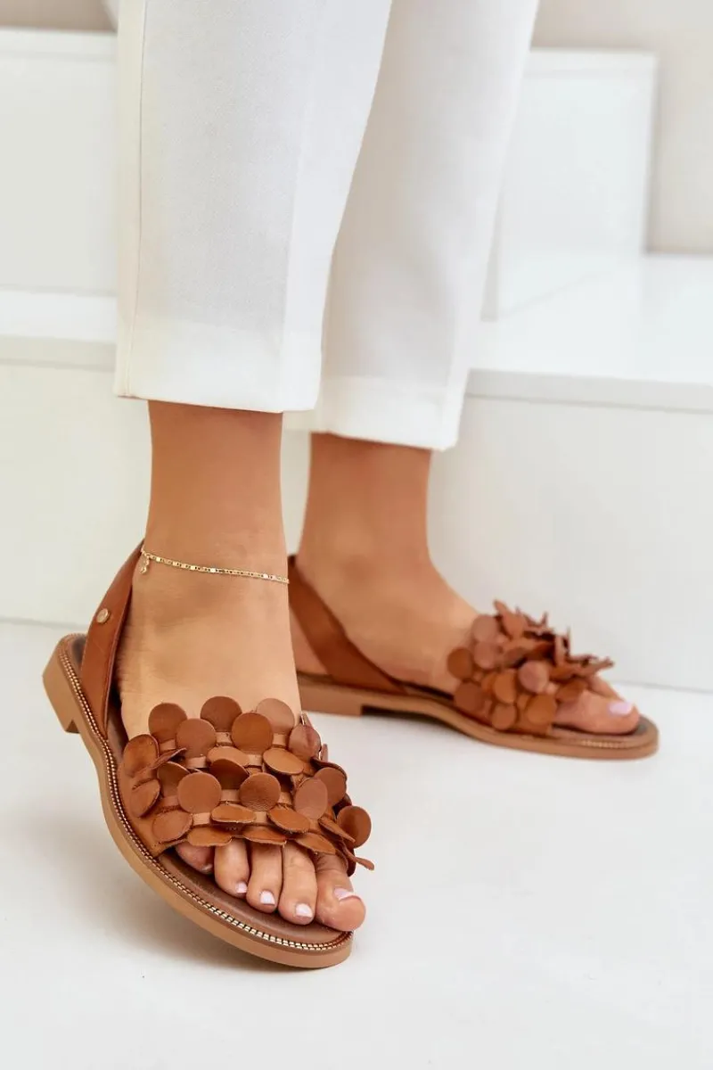 Hot Skórzane Sandały Na Płaskim Obcasie 40425 Brązowe Damskie Sandały Płaskie