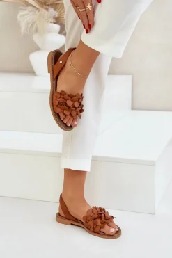 Hot Skórzane Sandały Na Płaskim Obcasie 40425 Brązowe Damskie Sandały Płaskie