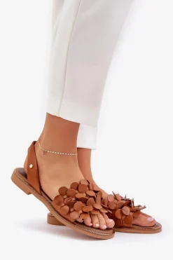 Hot Skórzane Sandały Na Płaskim Obcasie 40425 Brązowe Damskie Sandały Płaskie