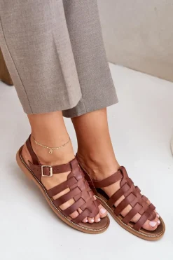 Outlet Skórzane Sandały Na Płaskim Obcasie Zazoo 3686 Brązowe Damskie Sandały Płaskie