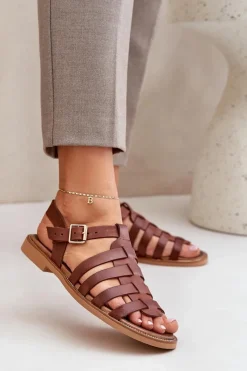 Outlet Skórzane Sandały Na Płaskim Obcasie Zazoo 3686 Brązowe Damskie Sandały Płaskie