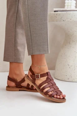 Outlet Skórzane Sandały Na Płaskim Obcasie Zazoo 3686 Brązowe Damskie Sandały Płaskie