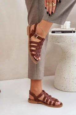 Outlet Skórzane Sandały Na Płaskim Obcasie Zazoo 3686 Brązowe Damskie Sandały Płaskie