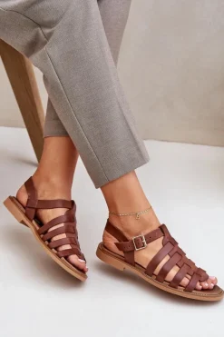 Outlet Skórzane Sandały Na Płaskim Obcasie Zazoo 3686 Brązowe Damskie Sandały Płaskie