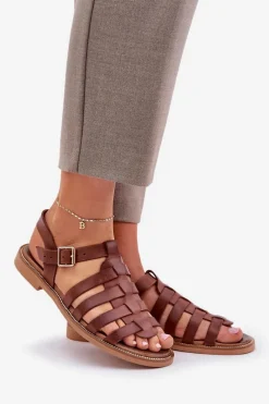 Outlet Skórzane Sandały Na Płaskim Obcasie Zazoo 3686 Brązowe Damskie Sandały Płaskie