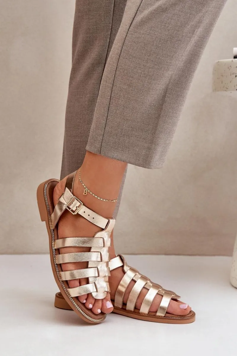 Outlet Boto Skórzane Sandały Na Płaskim Obcasie Zazoo 3686 Złote Złoty