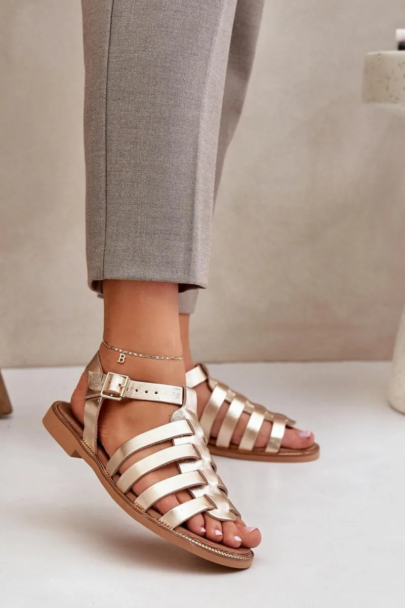 Outlet Boto Skórzane Sandały Na Płaskim Obcasie Zazoo 3686 Złote Złoty