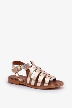 Outlet Boto Skórzane Sandały Na Płaskim Obcasie Zazoo 3686 Złote Złoty