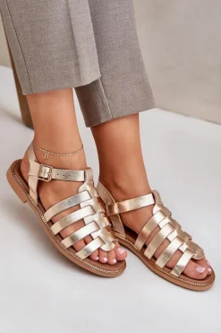 Outlet Boto Skórzane Sandały Na Płaskim Obcasie Zazoo 3686 Złote Złoty