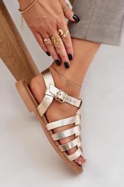 Outlet Boto Skórzane Sandały Na Płaskim Obcasie Zazoo 3686 Złote Złoty