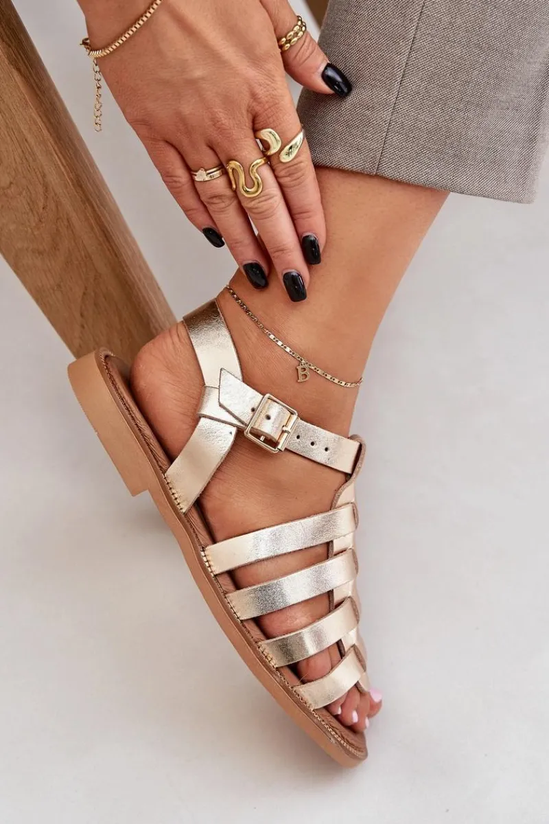 Outlet Boto Skórzane Sandały Na Płaskim Obcasie Zazoo 3686 Złote Złoty