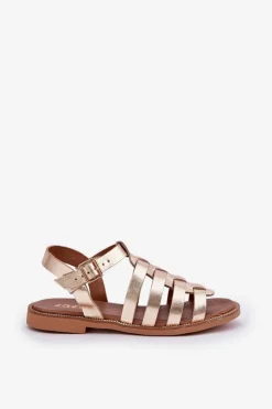 Outlet Boto Skórzane Sandały Na Płaskim Obcasie Zazoo 3686 Złote Złoty