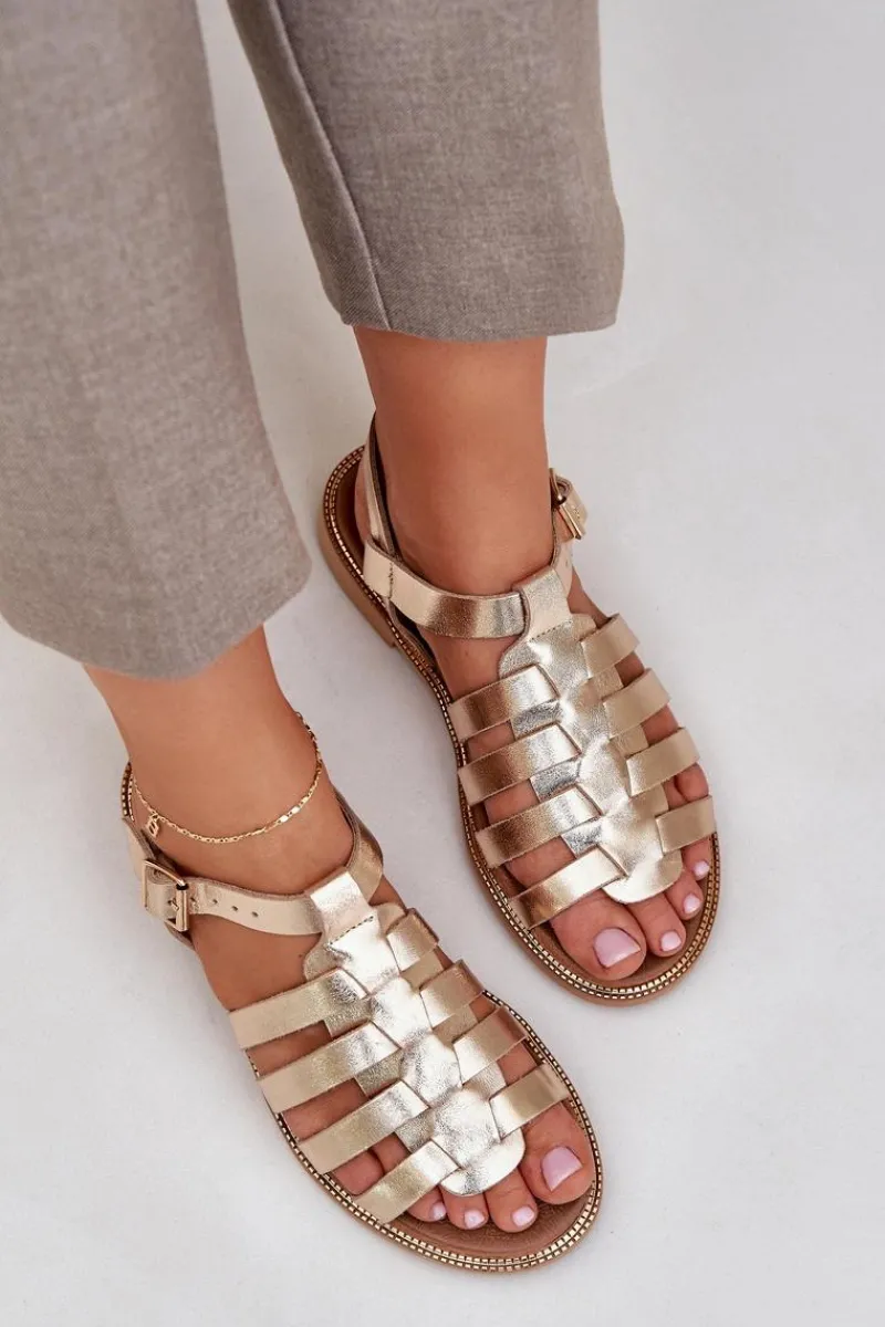 Outlet Boto Skórzane Sandały Na Płaskim Obcasie Zazoo 3686 Złote Złoty