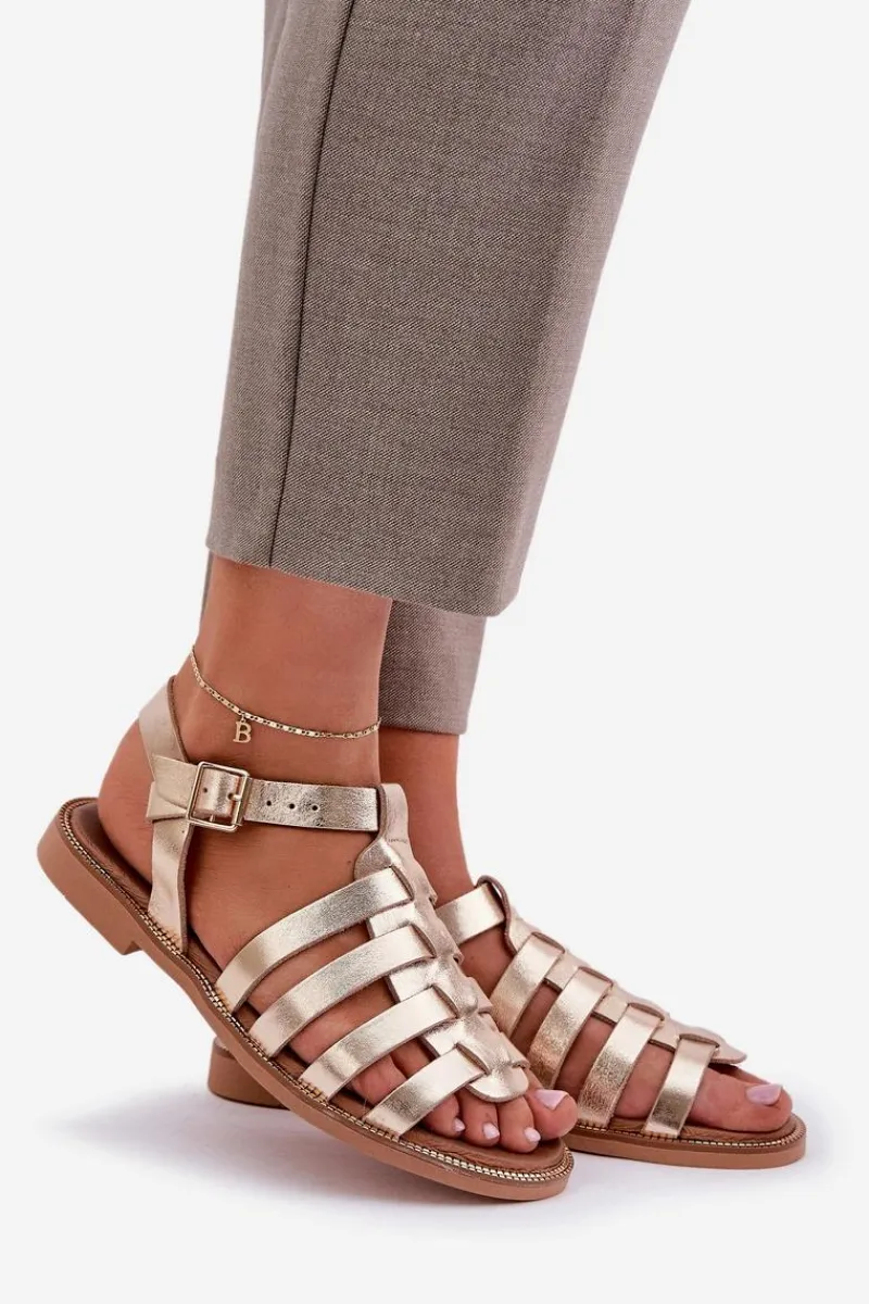 Outlet Boto Skórzane Sandały Na Płaskim Obcasie Zazoo 3686 Złote Złoty