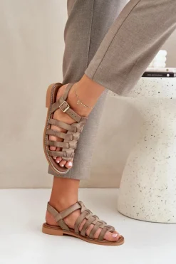 Sandały Płaskie>Boto Skórzane Sandały Na Płaskim Obcasie Zazoo 3686 Ciemnobeżowe