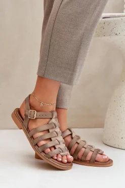 Sandały Płaskie>Boto Skórzane Sandały Na Płaskim Obcasie Zazoo 3686 Ciemnobeżowe