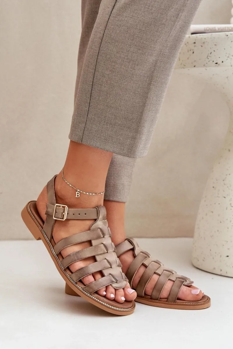 Sandały Płaskie>Boto Skórzane Sandały Na Płaskim Obcasie Zazoo 3686 Ciemnobeżowe