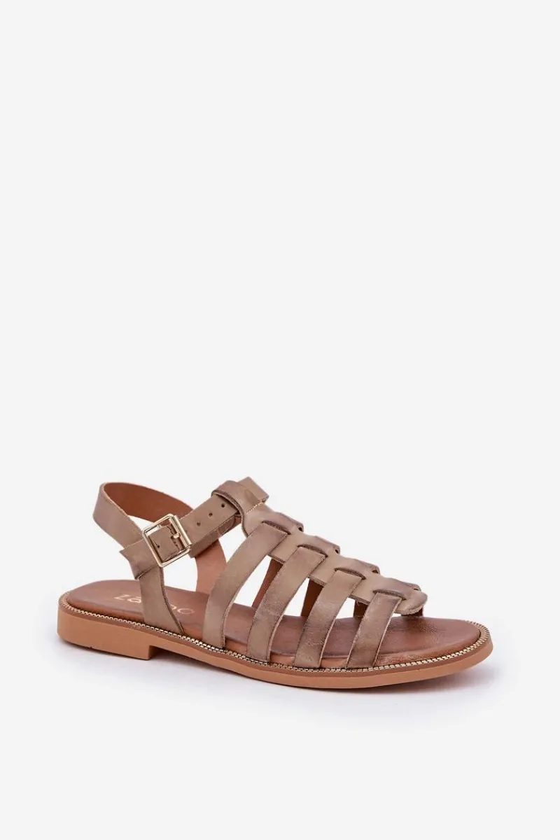 Sandały Płaskie>Boto Skórzane Sandały Na Płaskim Obcasie Zazoo 3686 Ciemnobeżowe