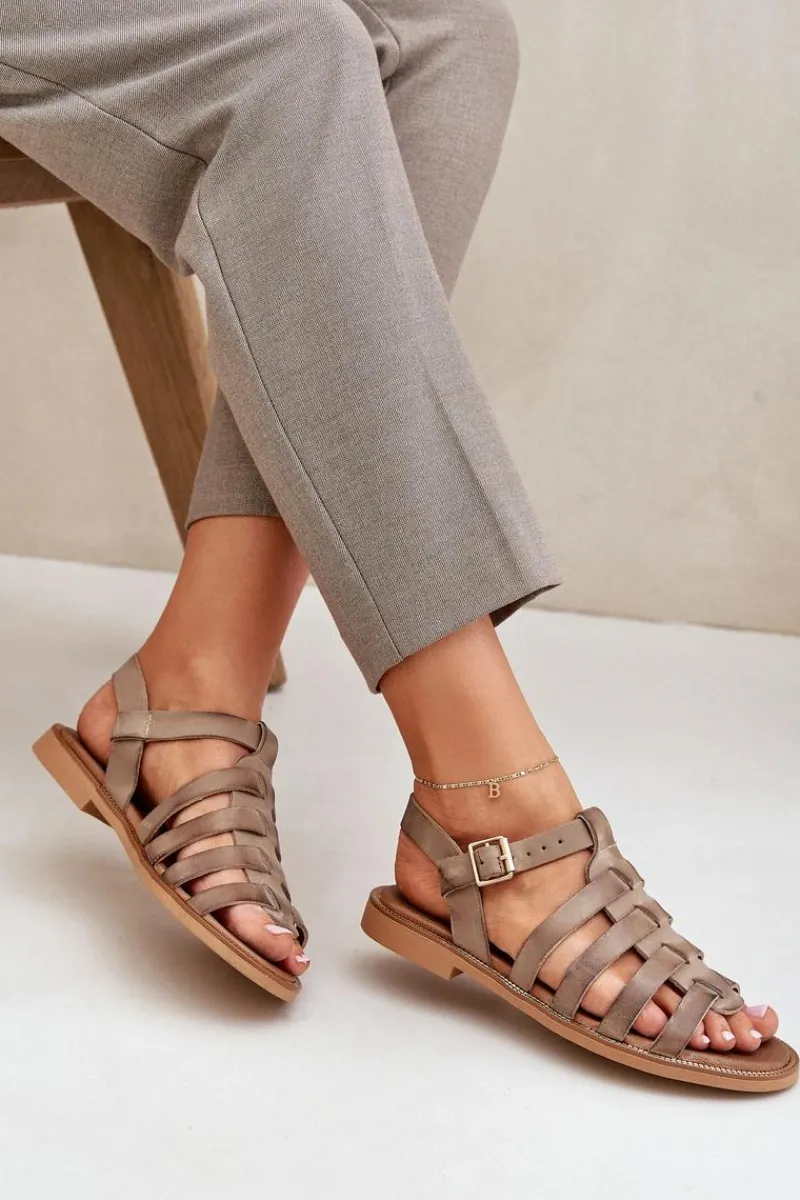 Sandały Płaskie>Boto Skórzane Sandały Na Płaskim Obcasie Zazoo 3686 Ciemnobeżowe