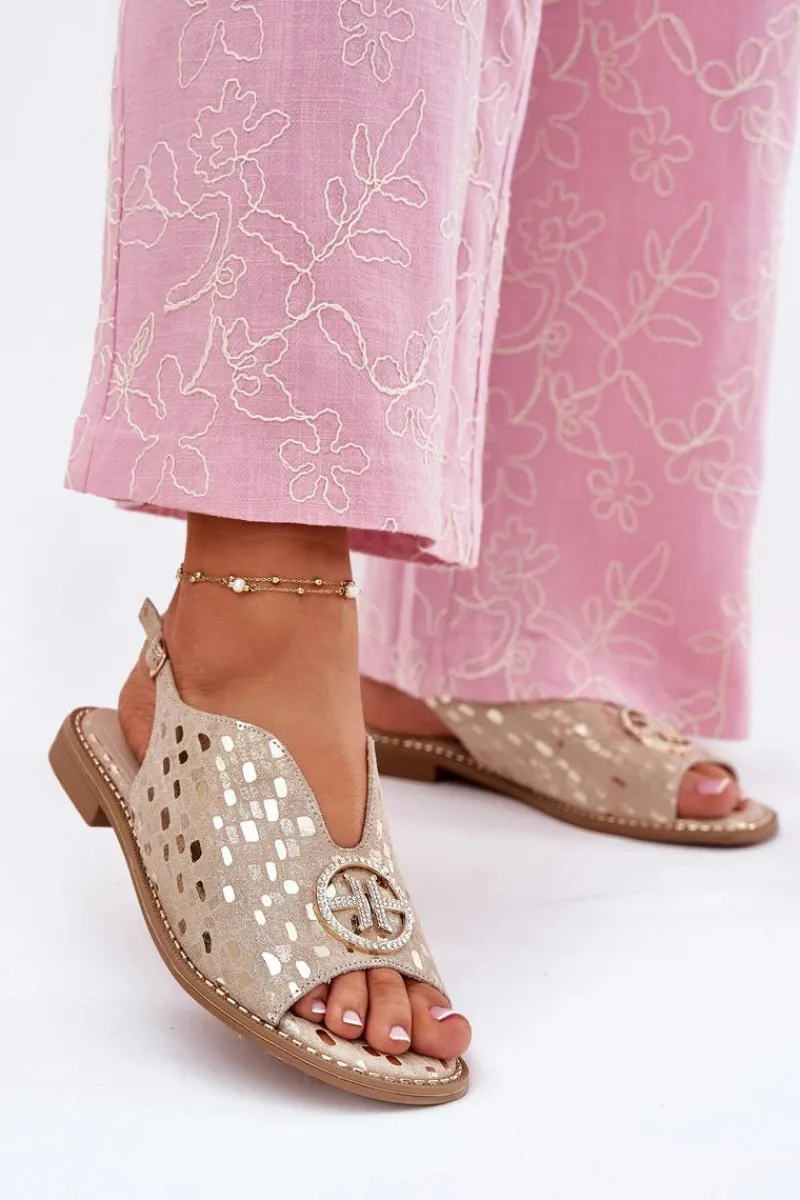 New Skórzane Sandały Na Płaskim Obcasie Z Ozdobą S.Barski KV51-094 Złote Damskie Sandały Płaskie