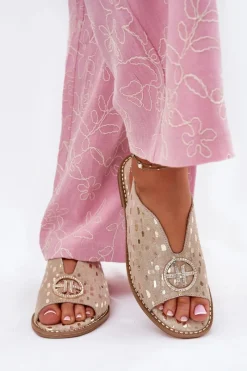 New Skórzane Sandały Na Płaskim Obcasie Z Ozdobą S.Barski KV51-094 Złote Damskie Sandały Płaskie