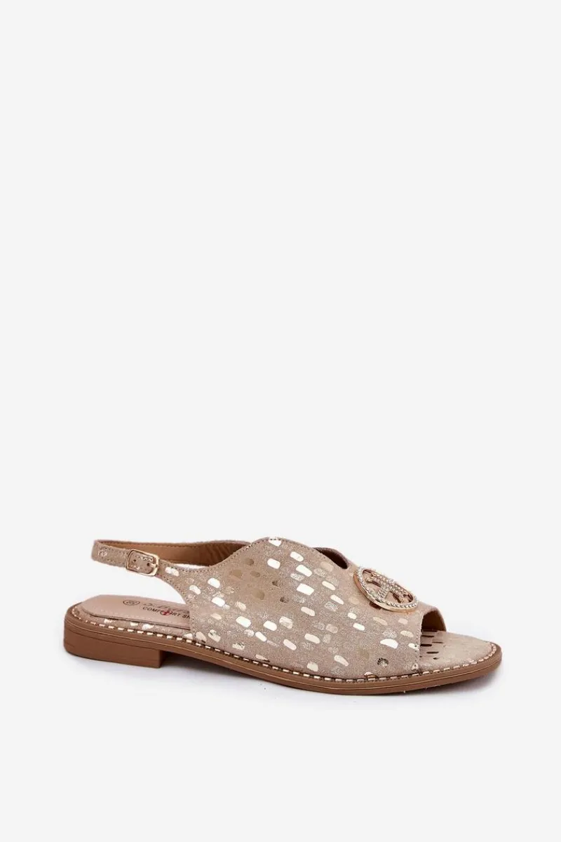 New Skórzane Sandały Na Płaskim Obcasie Z Ozdobą S.Barski KV51-094 Złote Damskie Sandały Płaskie