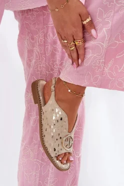 New Skórzane Sandały Na Płaskim Obcasie Z Ozdobą S.Barski KV51-094 Złote Damskie Sandały Płaskie