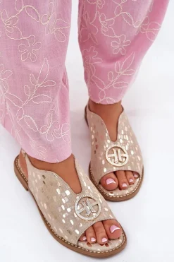 New Skórzane Sandały Na Płaskim Obcasie Z Ozdobą S.Barski KV51-094 Złote Damskie Sandały Płaskie