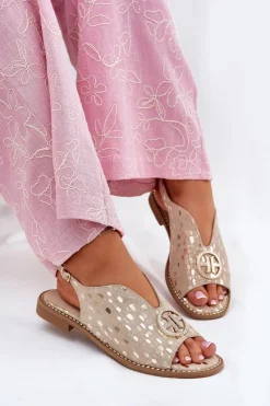 New Skórzane Sandały Na Płaskim Obcasie Z Ozdobą S.Barski KV51-094 Złote Damskie Sandały Płaskie