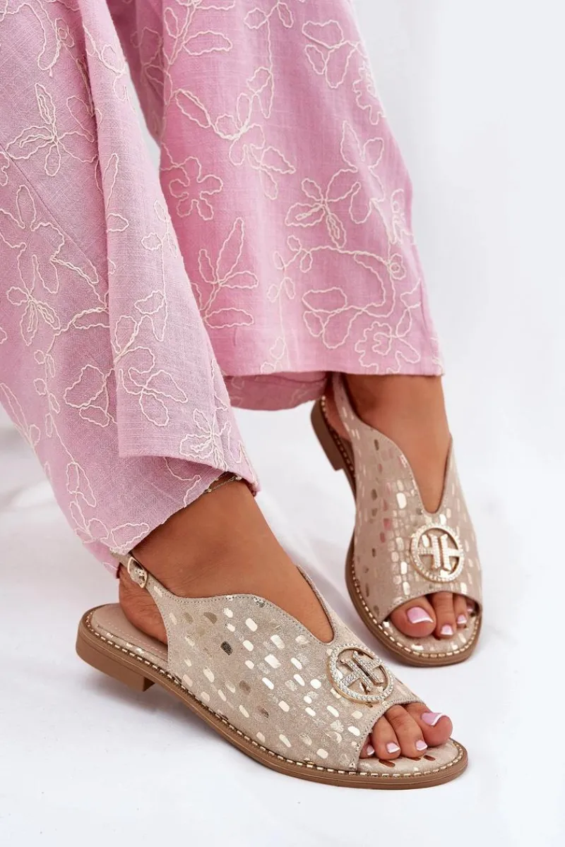 New Skórzane Sandały Na Płaskim Obcasie Z Ozdobą S.Barski KV51-094 Złote Damskie Sandały Płaskie