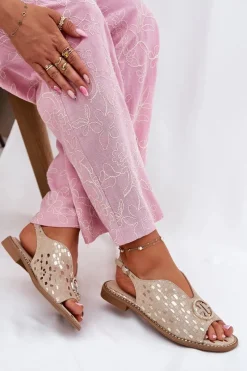 New Skórzane Sandały Na Płaskim Obcasie Z Ozdobą S.Barski KV51-094 Złote Damskie Sandały Płaskie