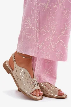 New Skórzane Sandały Na Płaskim Obcasie Z Ozdobą S.Barski KV51-094 Złote Damskie Sandały Płaskie