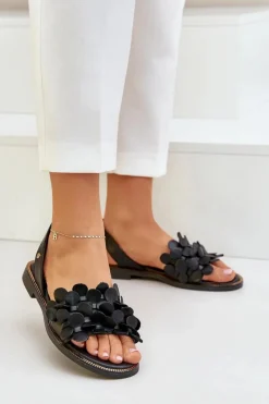 Online Skórzane Sandały Na Płaskim Obcasie 40425 Czarne Damskie Sandały Płaskie