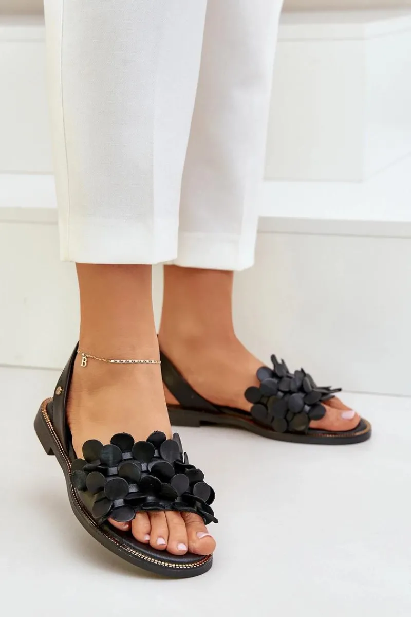 Online Skórzane Sandały Na Płaskim Obcasie 40425 Czarne Damskie Sandały Płaskie