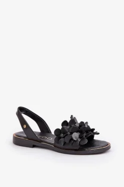 Online Skórzane Sandały Na Płaskim Obcasie 40425 Czarne Damskie Sandały Płaskie