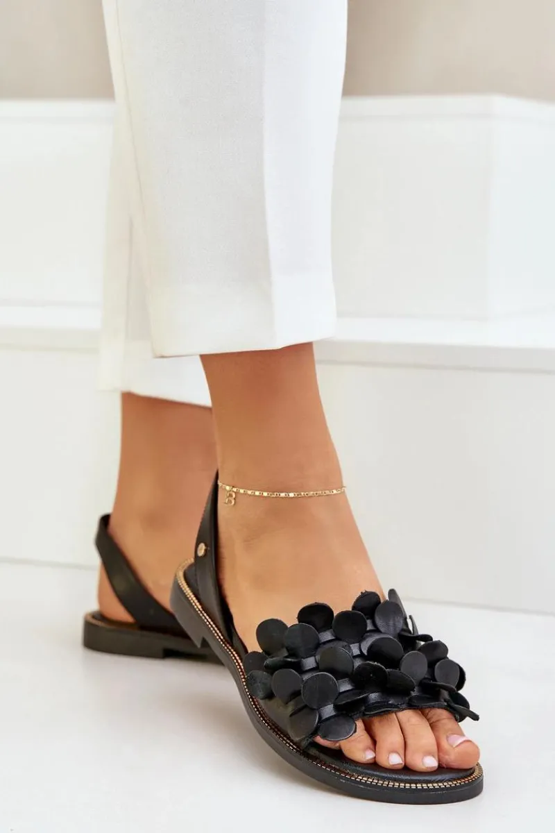 Online Skórzane Sandały Na Płaskim Obcasie 40425 Czarne Damskie Sandały Płaskie