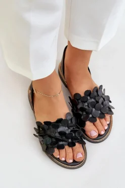 Online Skórzane Sandały Na Płaskim Obcasie 40425 Czarne Damskie Sandały Płaskie
