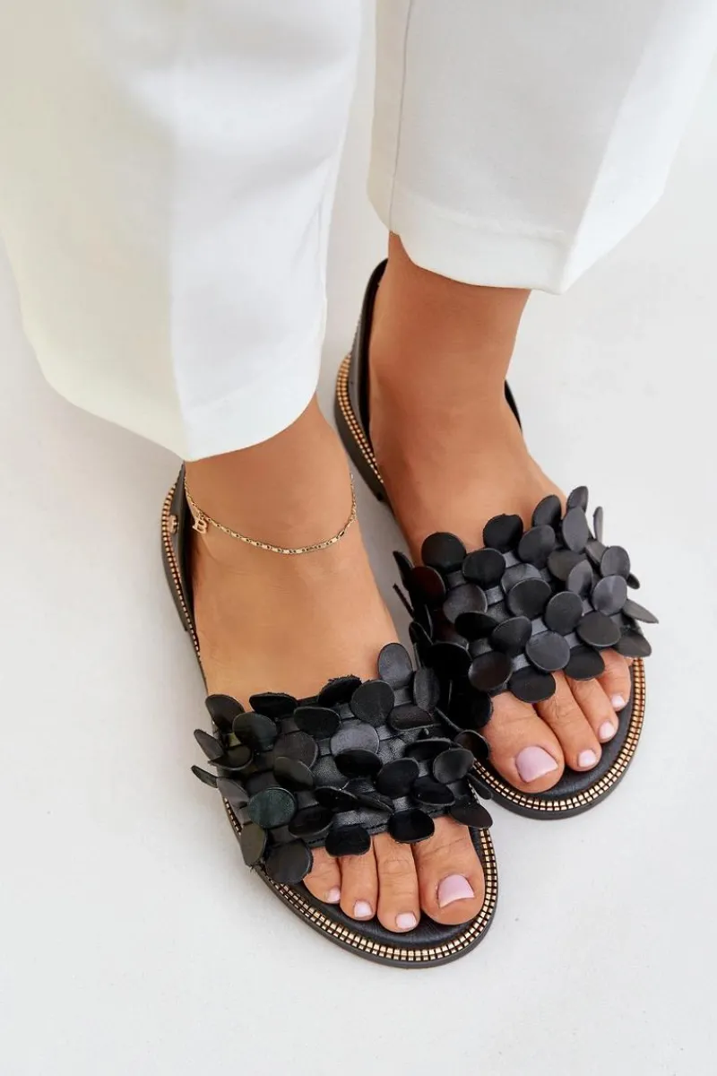 Online Skórzane Sandały Na Płaskim Obcasie 40425 Czarne Damskie Sandały Płaskie